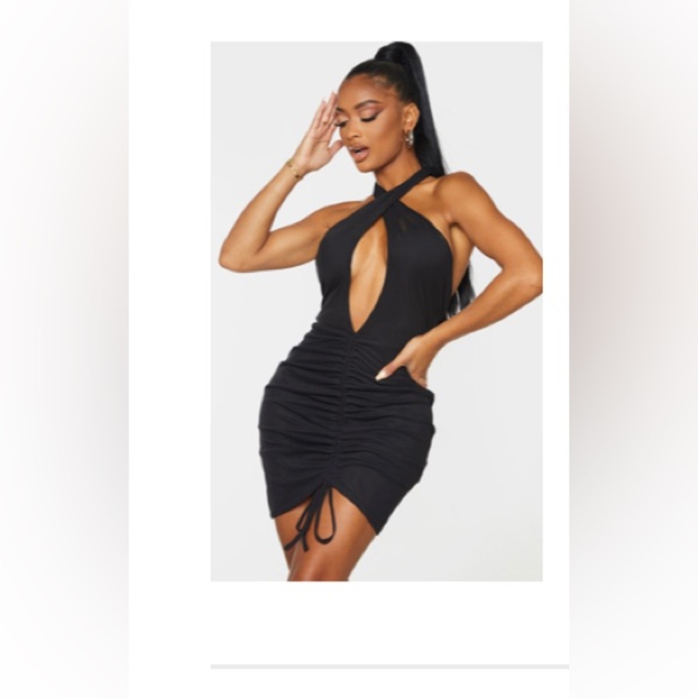 Size 8 sexy black mesh ruched Pretty Little Thing dress.